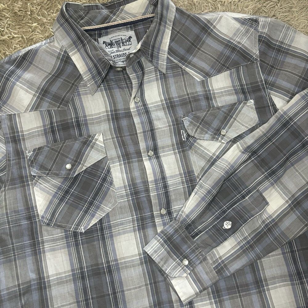 Levi's Shirt Men's Large Western Pearl Snap Plaid Long Sleeve Gray Blue Cowboy